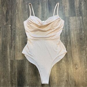 Studio 1011 Women’s Low Cut Cowl Neck Sleeveless Cream Glitter Padded Bodysuit M